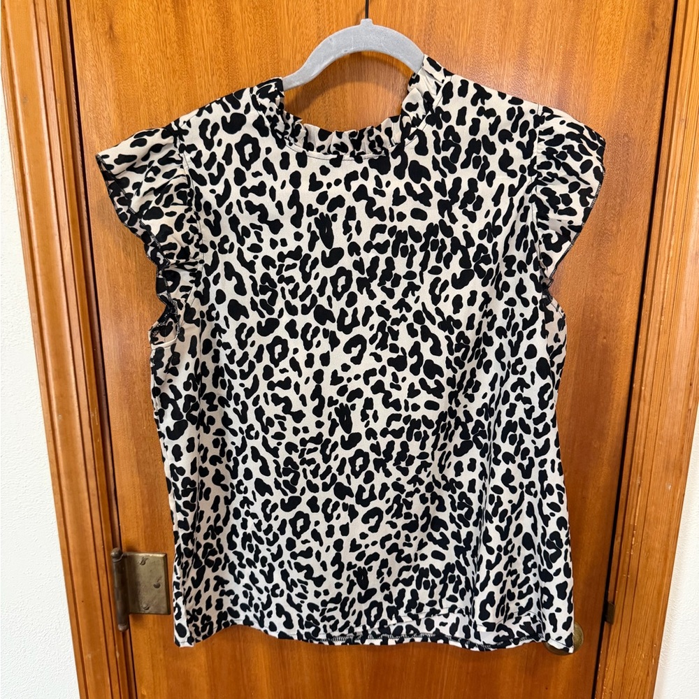 Women’s Black & White Leopard Print Ruffle Sleeve Top